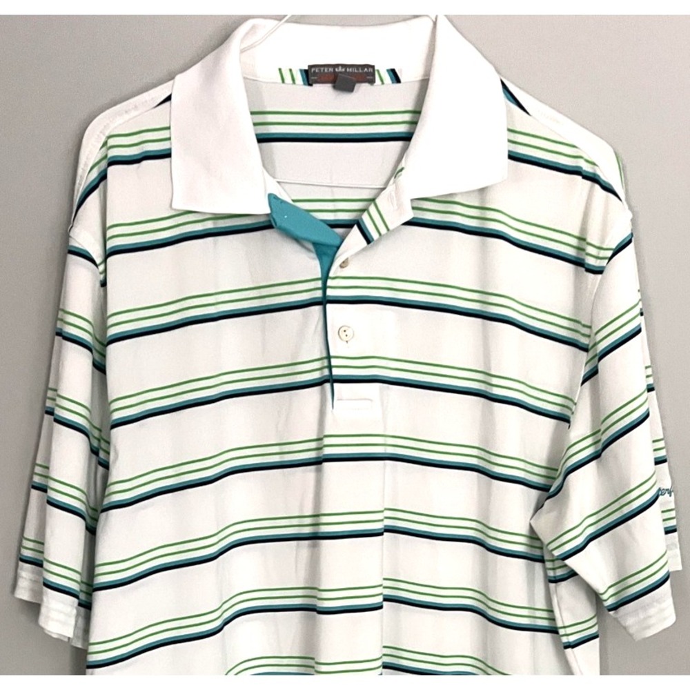 Peter Millar Polo Shirt Men L White Striped Summer Comfort Golf Performance Logo
